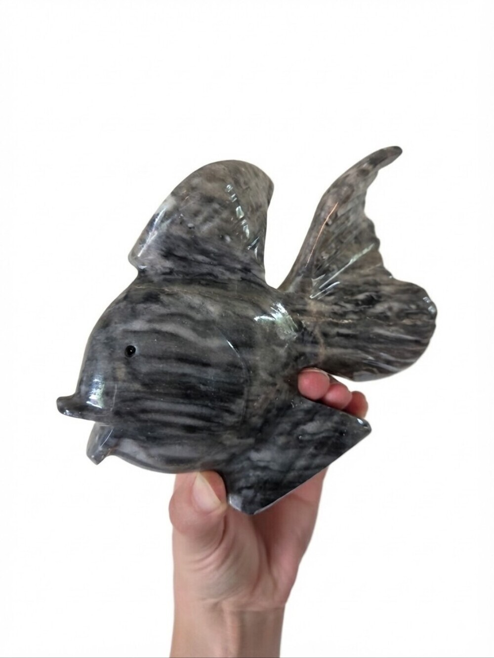 Carved Vintage Variegated Marble Tropical Fish Figurine Dark Grey Ocean Nautical